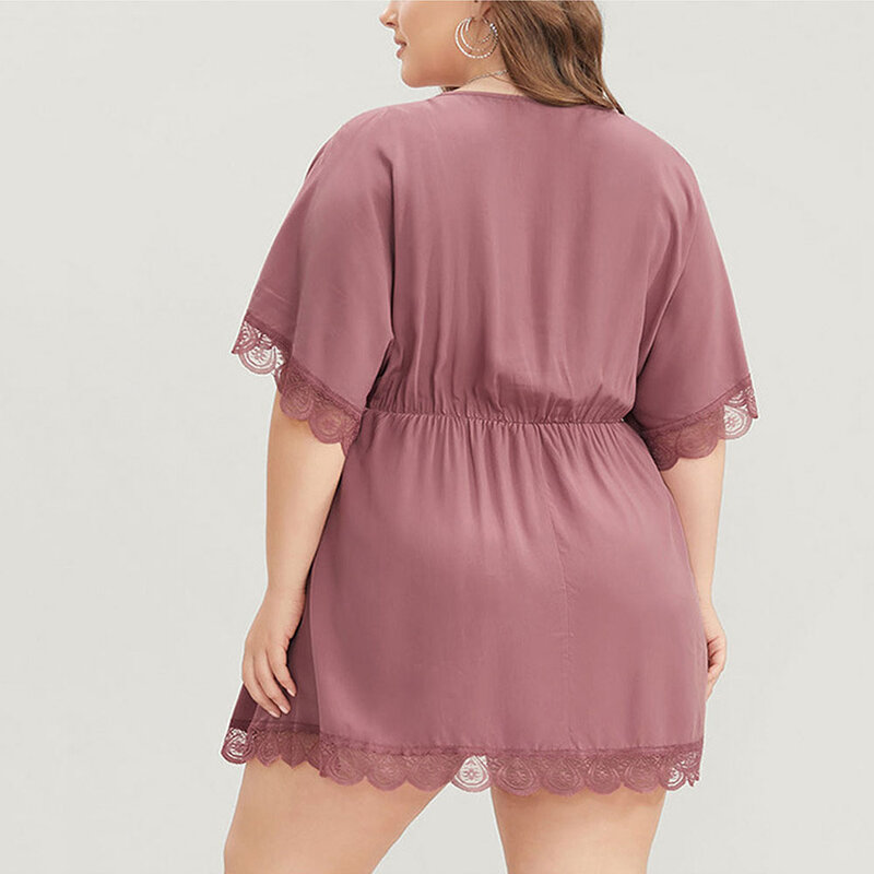 Gaun renda ukuran Plus untuk wanita 2023 gaun Mini kasual lengan pendek musim panas gaun pesta malam kerah v seksi pakaian ukuran besar