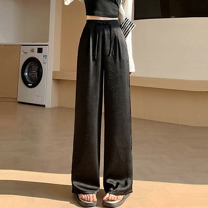 Spodnie z szeroką nogawką z wysoką talią Kobiety Nowość 2024 Wiosna Koreański styl Vintage Solid Color Basics OL Lady Casual Trousers W1734