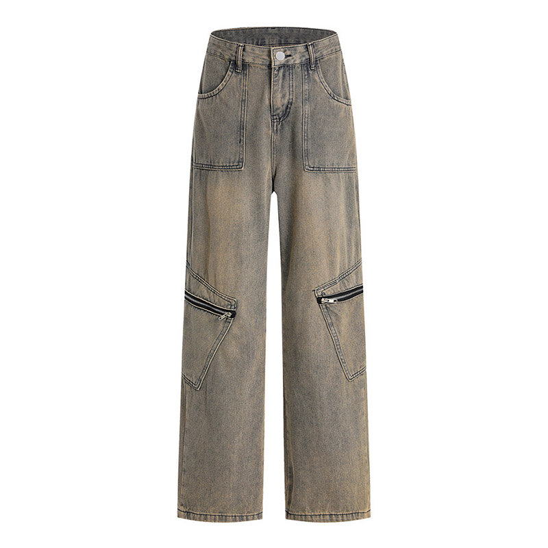 Hip Hop Vintage Cargo Jeans Pants Multi Pockets Straight Baggy Denim Trousers For Male Patchwork