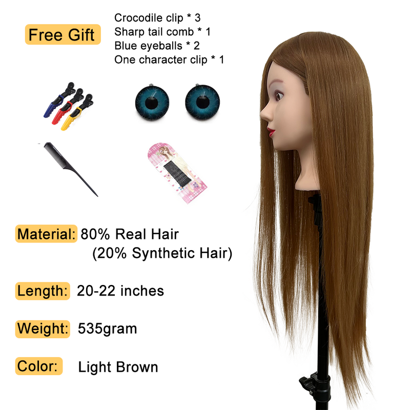 Testa di manichino 20 pollici 80% veri capelli umani Brown Training Hair Practice intrecciare e Styling Doll Hair Styling