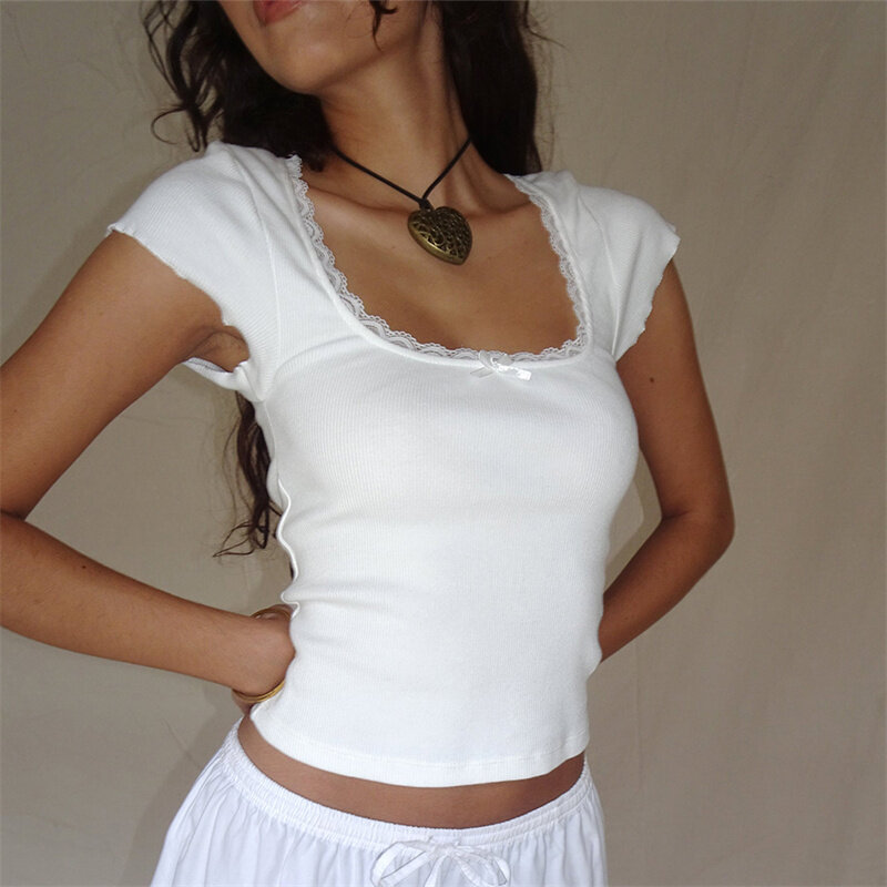Y2k винтажная детская футболка, Вязаная футболка с кружевной отделкой, летняя футболка с квадратным вырезом и коротким рукавом, Женская белая футболка Milkmaid, кроп-топ