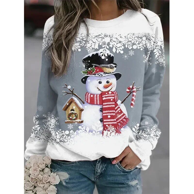 Sweater lengan panjang kerah crew, pakaian lengan panjang longgar Pullover wanita, cetakan digital 3D Natal Musim Semi dan Gugur