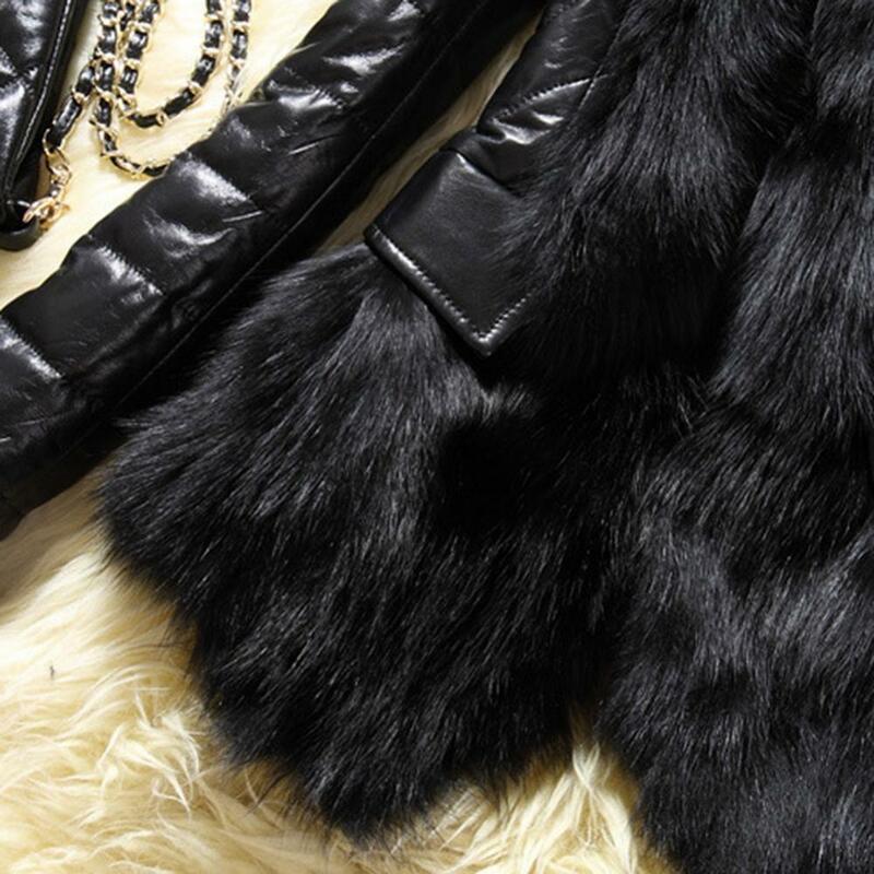 Casaco de pele sintética feminino de couro PU, jaqueta casual grande, jaqueta com gola fofa, casaco preto de inverno, casacos luxuosos de pele de coelho falso