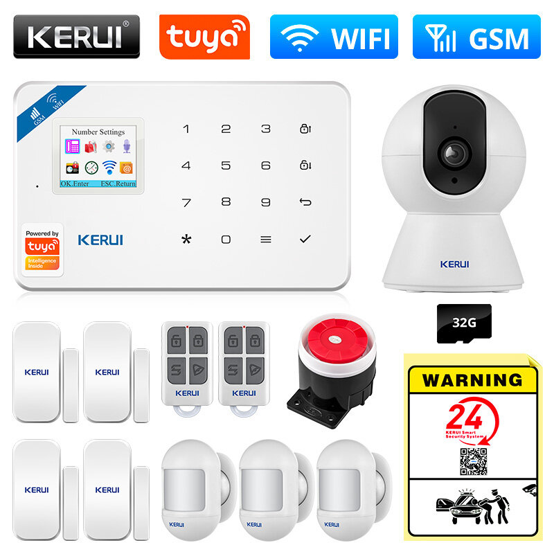 KERUI نظام إنذار أمن منزلي ذكي لاسلكي واي فاي 2G GSM 4G Tuya APP التحكم في المنزل كاشف الحركة الاستشعار كاميرا IP ضد السرقة