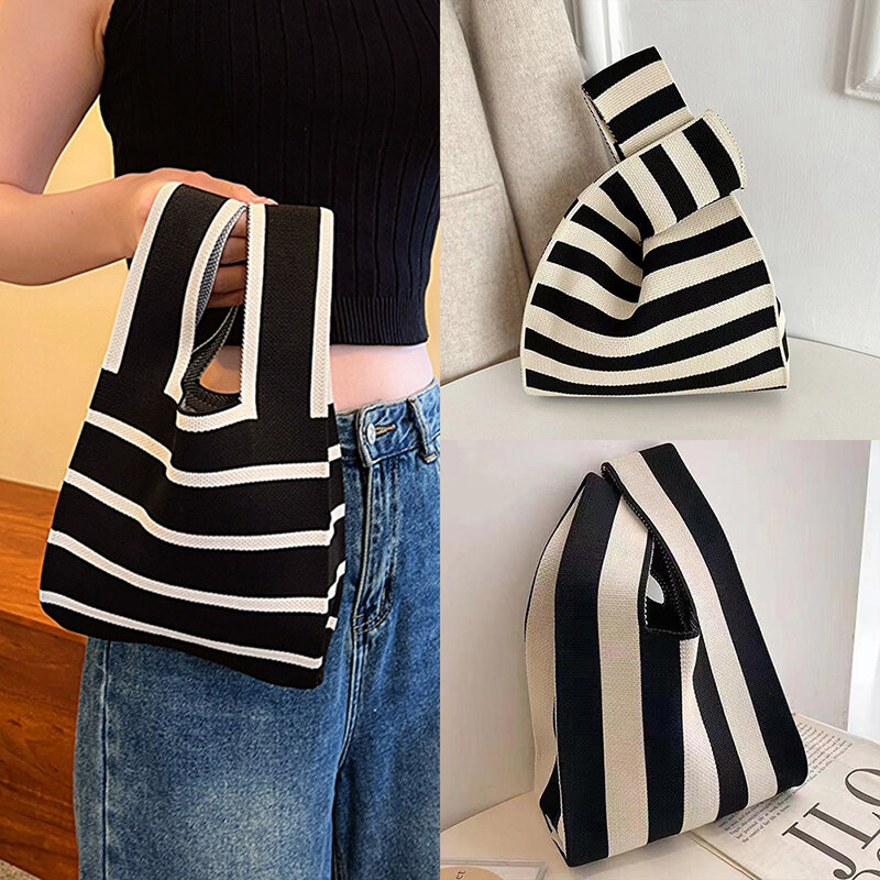 Fashion Handmade Knit Handbags Women Mini Knot Wrist Bag Korean Casual Tote Bag Reusable Shopping Bags