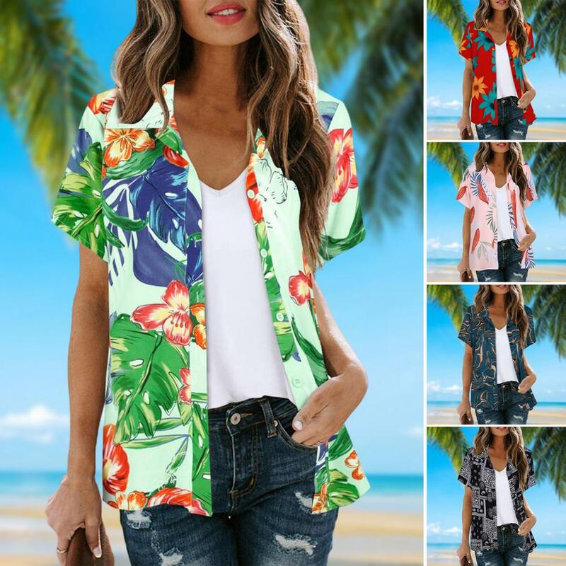 Camisa casual com estampa floral feminina, lapela, manga curta, peito único, solta, tops de praia, streetwear verão