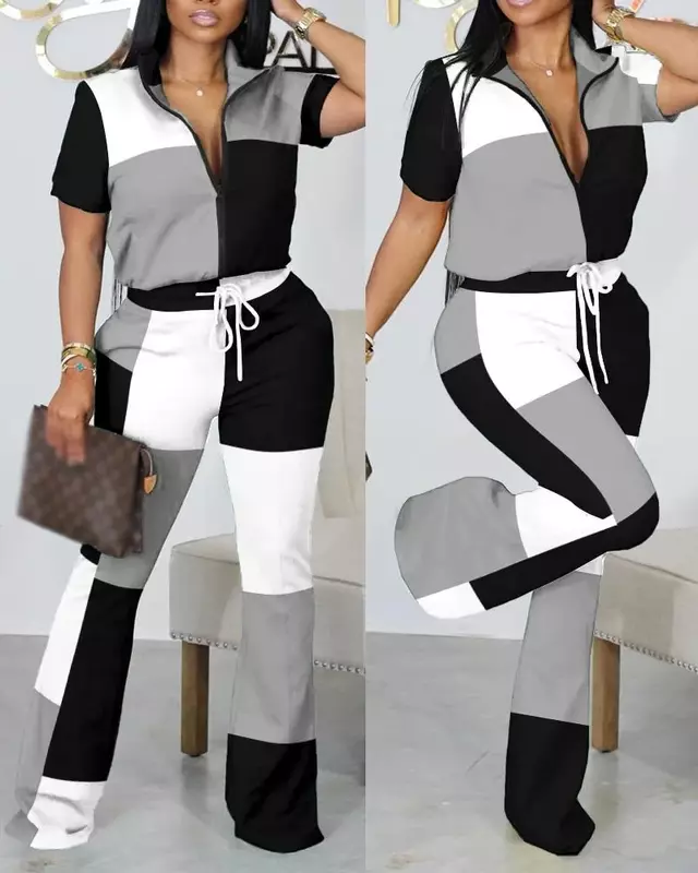 2024 nuovo vestito da donna a maniche corte con cerniera superiore con coulisse pantaloni svasati Casual sport pendolarismo in due pezzi per le donne