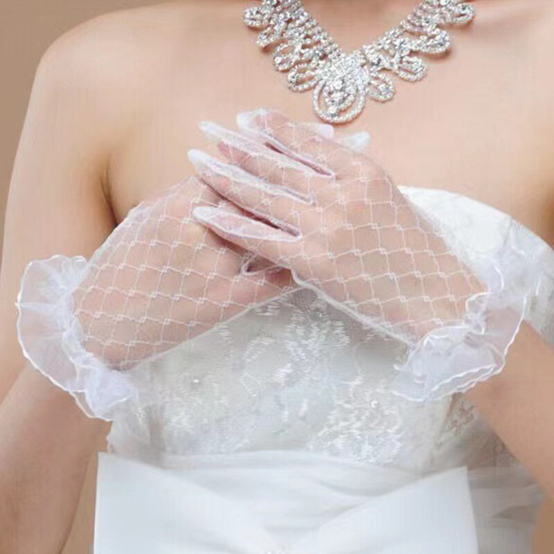 Luvas de laço com dedos completos para mulheres, lindas luvas de casamento, acessórios elegantes, branco e preto, 1 par