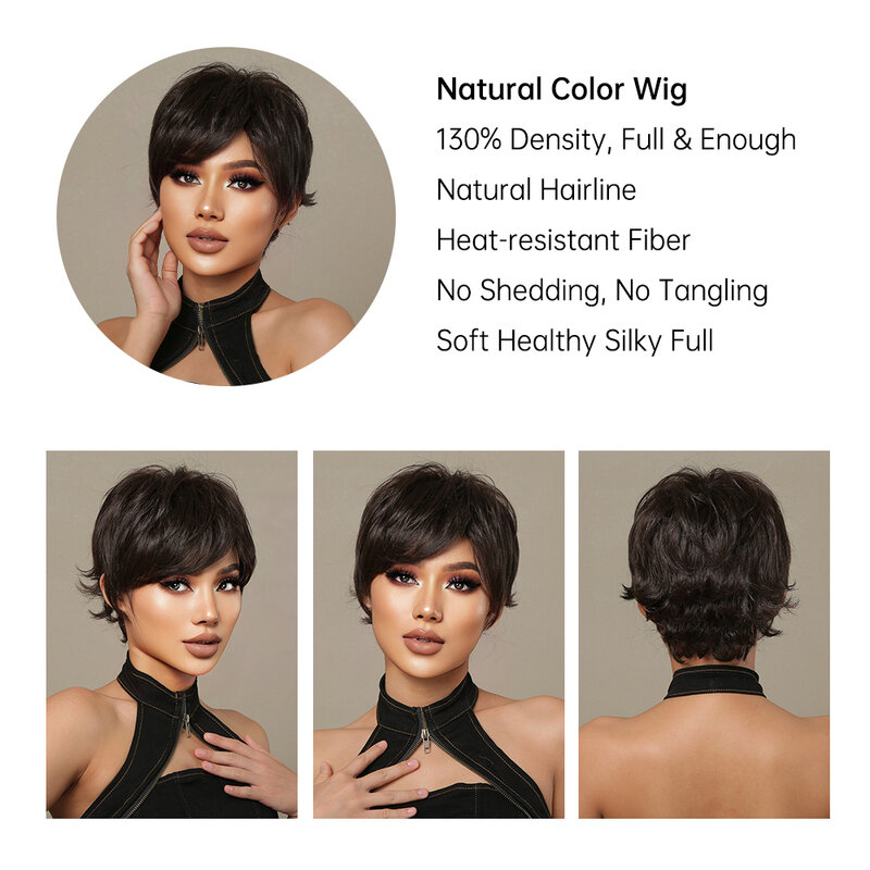 Pixie Cut parrucca ondulata nera naturale parrucca sintetica per capelli umani in misto corto parrucca da donna resistente al calore naturale con frangia a strati soffice