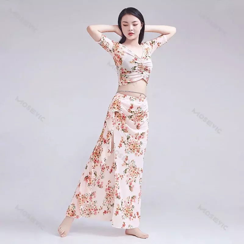 Belly Dance Practice Clothes Long Skirt Suit Luxury Floral Printing Performance Carnaval Costumes Sexy Woman Modern Dance2024