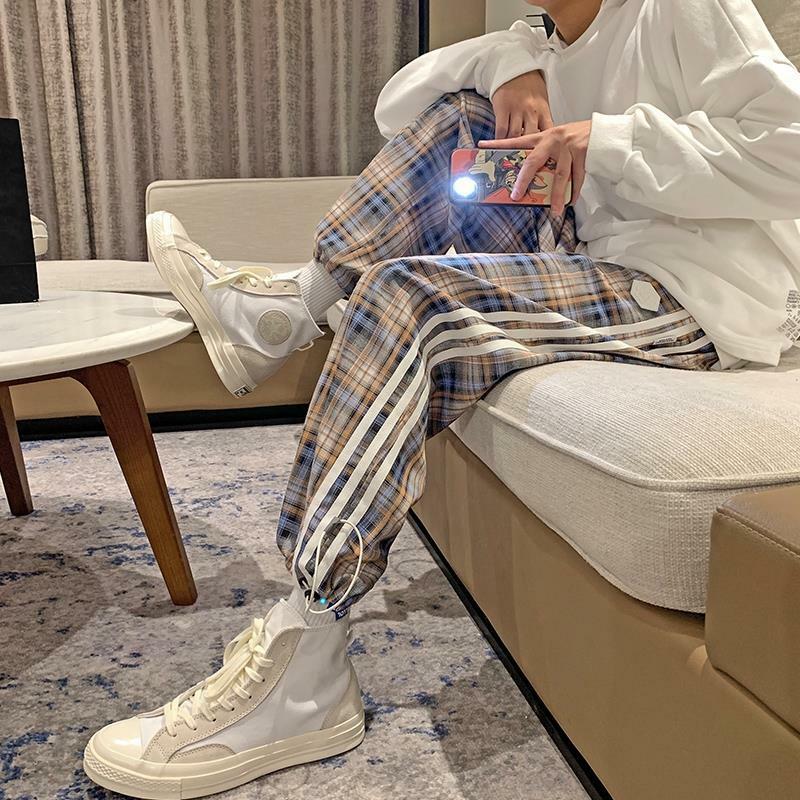 Vintage Casual Lattice Stripe Loose Personality Trousers New High Quality Hong Kong Style Youth All-match Summer Man Pants 2022