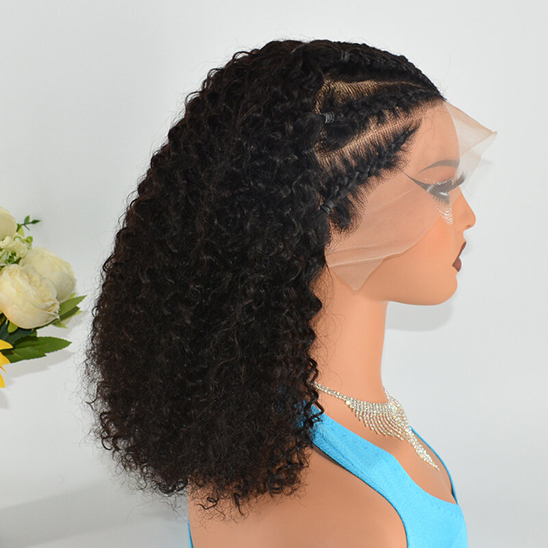 Pelucas de cabello humano trenzado estilo Bob, pelo corto rizado Jerry 13x4, encaje Frontal, prearrancado Color Natural, cabello virgen indio