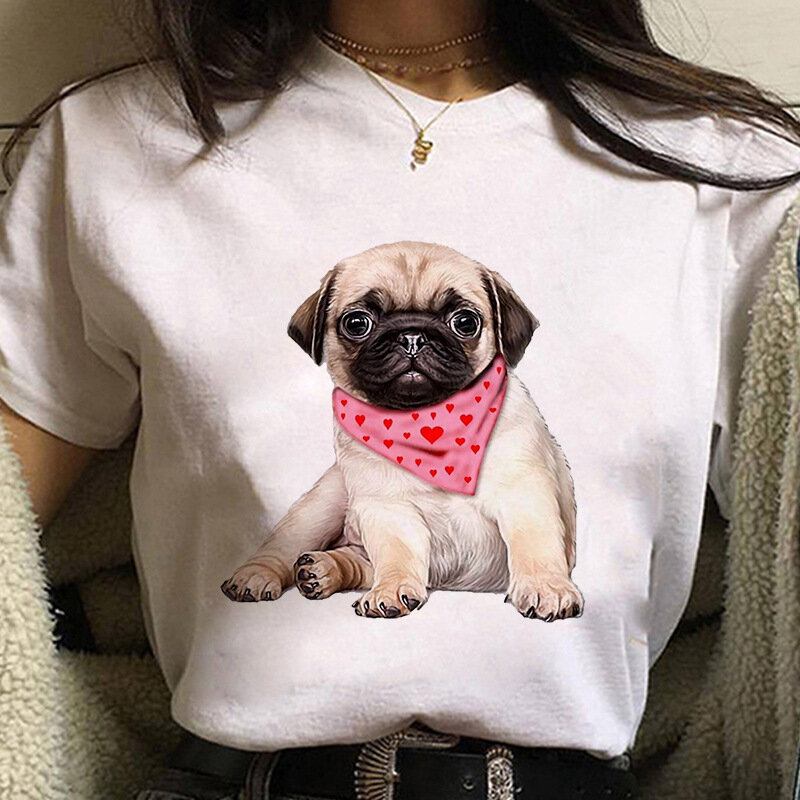 퍼그 강아지 프린트 크루넥 반팔 여성 티셔츠, 루즈한 흰색 상의, 하라주쿠 오버사이즈 티셔츠, 여름 신상