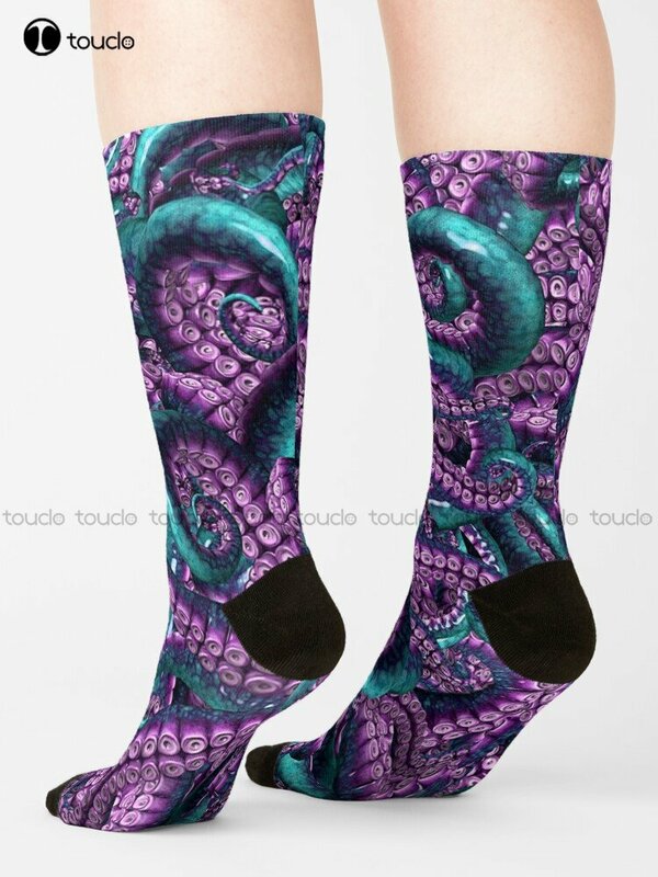 Hr More Tentacles ~ Teal & Violet Socks Long Socks Personalized Custom Unisex Adult Teen Youth Socks Custom Gift Streetwear