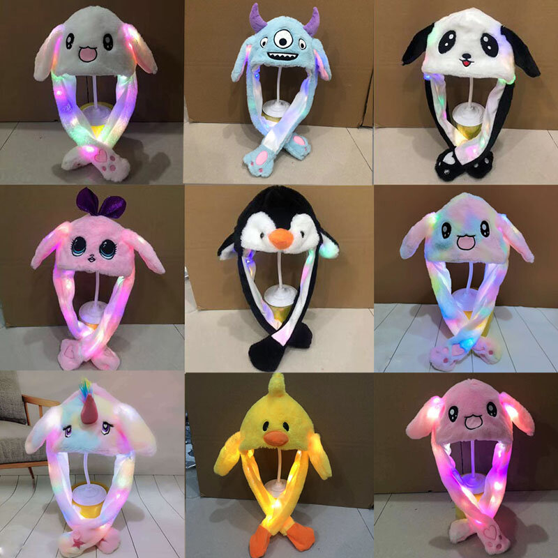 LED 빛나는 토끼 귀 움직이는 모자, 귀여운 동물 모자, 빛나는 점프 업 플러시 움직이는 귀 모자, 어린이용 재미있는 코스프레 파티 모자