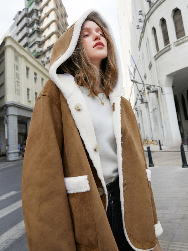 Crucii-Manteau en fourrure à capuche pour femme, haut en peluche double face, tout laine, vêtements des deux côtés, automne et hiver, nouveau