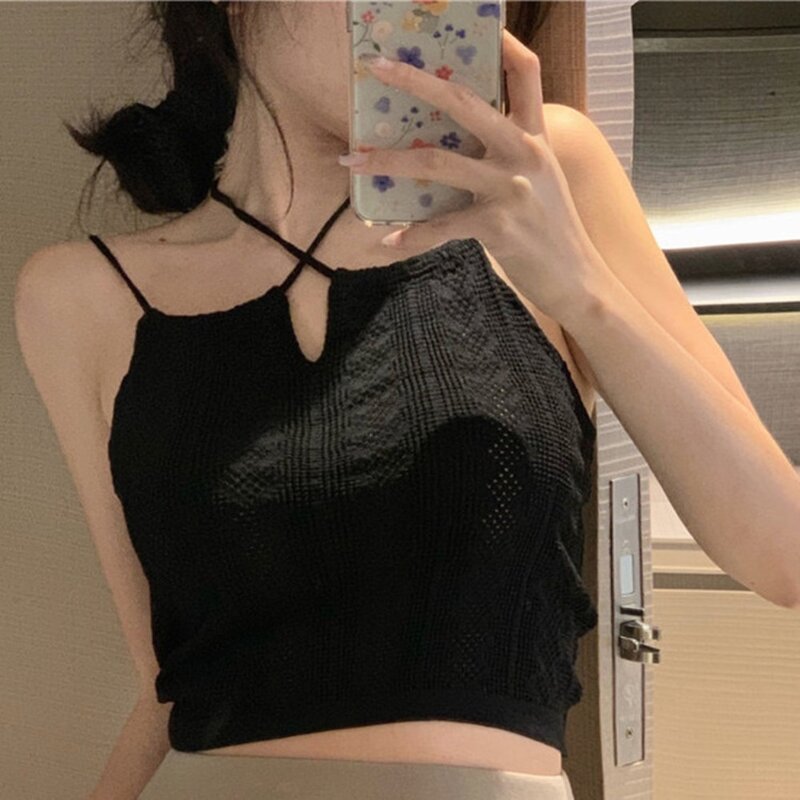 Knitted Knitted Tank Top Fashion Sexy Neck Hollow Out Cropped Tops Solid Color Knitted Vest Summer