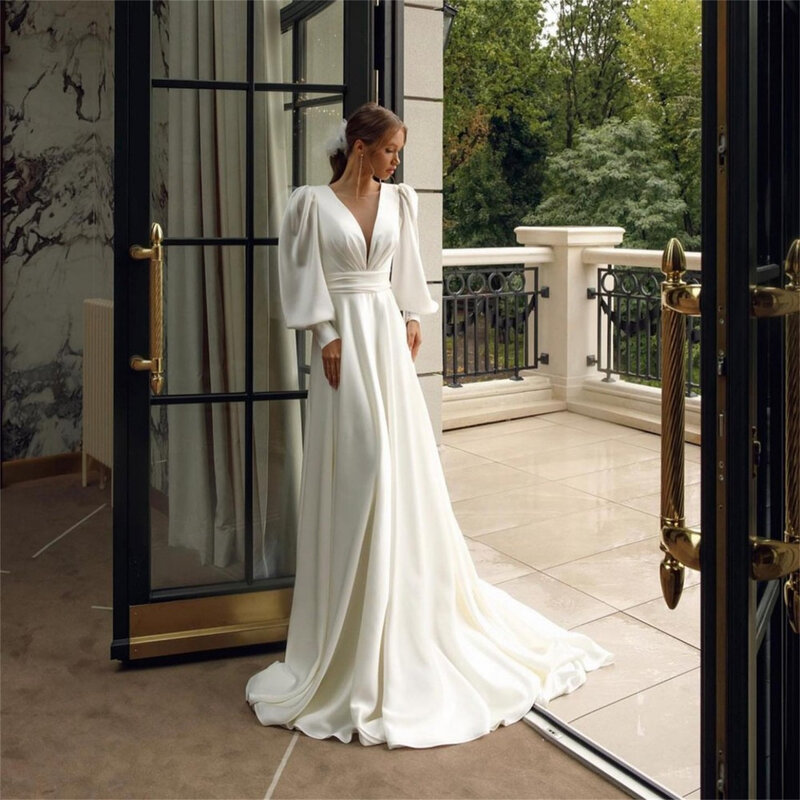 Gaun pernikahan lampu pagi untuk wanita 2023 gaun pengantin kerah V untuk gereja dasi kupu-kupu punggung terbuka Amanda Novias