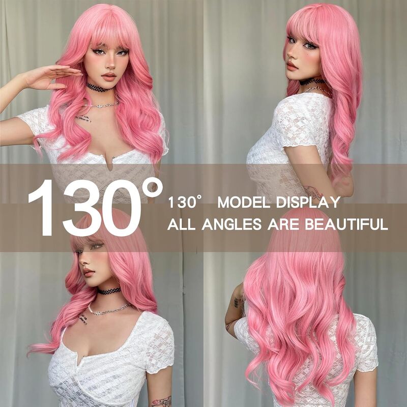 Wig panjang bergelombang wanita, dengan poni merah muda Wig sintetis untuk wanita 24 inci Wig panjang keriting tahan panas rambut serat untuk penggunaan pesta sehari-hari