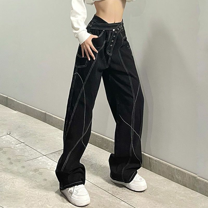 Harajuku Fashion Eyelet Waist Buckle High Waisted Jeans Women Personality Slim Casual Black Pants All Match Straight Trousers
