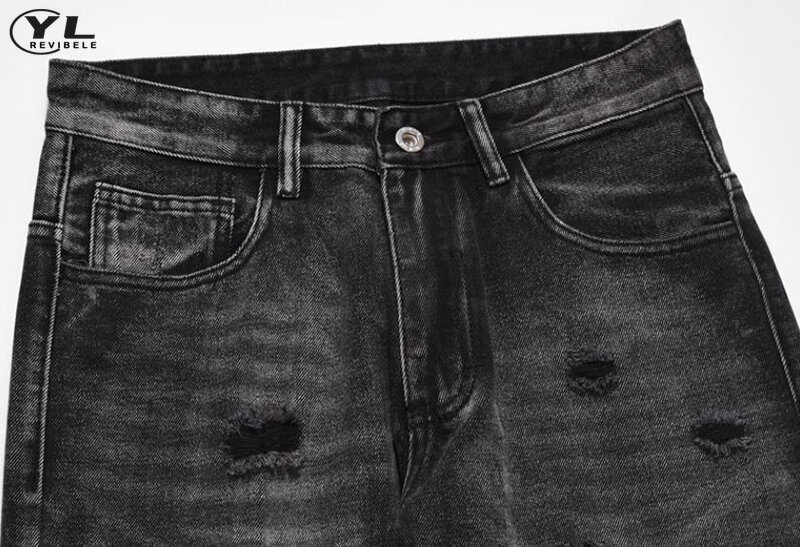 Główna ulica czarne dżinsy z dziurami męskie wiosenne jesienne luźne proste prane w stylu Vintage spodnie dżinsowe amerykańskie spodnie z szerokimi nogawkami