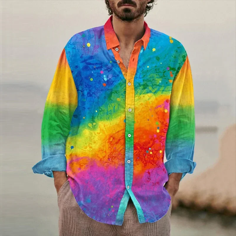 Summer Men Women Harajuku Colorful Love Shirts Rainbow Graphic Long Sleeve Lapel T-shirt Ropa Hombre Casual Oversized Male Tops