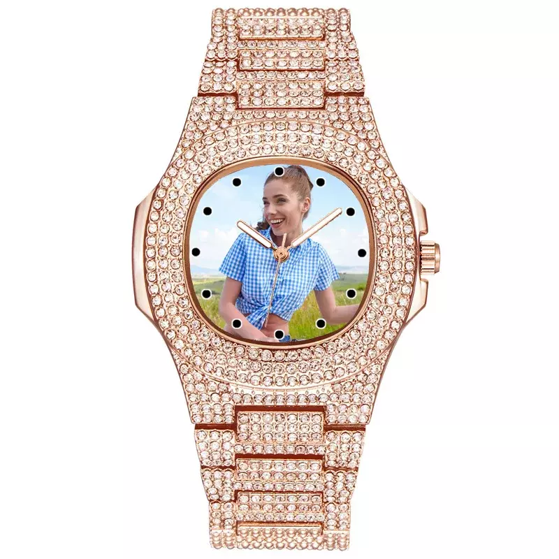 Luksusowy męski zegarek kwarcowy z kryształami górskimi zaprojektował zdjęcie, dostosowując tarczę ze zdjęciem, niestandardowy zegarek z różowym złotem kolorowe do DIY