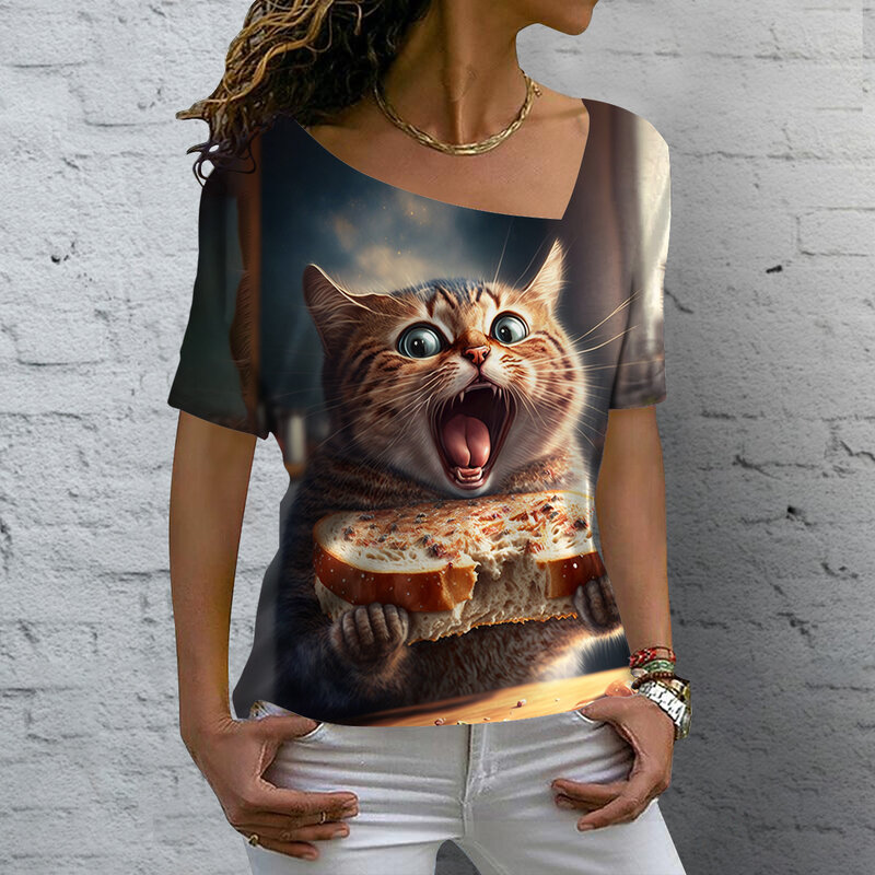 T-shirt imprimé chat Kawaii pour femmes, haut à manches courtes, t-shirts à col en V pour filles, vêtements d'été décontractés pour femmes, vacances, Y2K, 3D