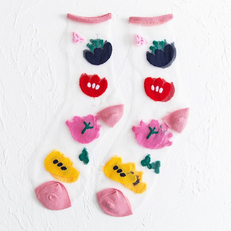 Женские носки до щиколотки из хрустального волокна ярких цветов, жаккардовые чулочно-носочные изделия с цветочным рисунком