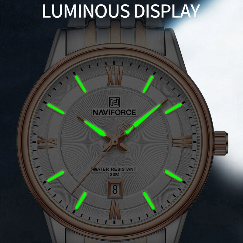 Naviforce นาฬิกาข้อมือควอทซ์นาฬิกาหรูหราใหม่สำหรับคู่รักลำลองกันน้ำเรืองแสงสายสแตนเลสชายและหญิง