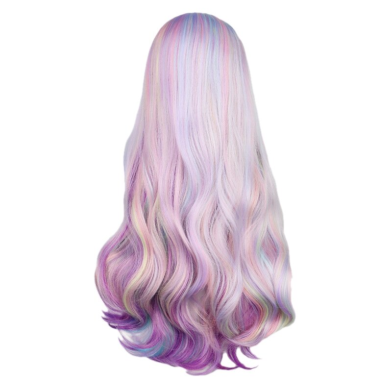 Wig Cosplay warna Anime gradien, rambut palsu tahan panas pelangi pesta rambut keriting panjang