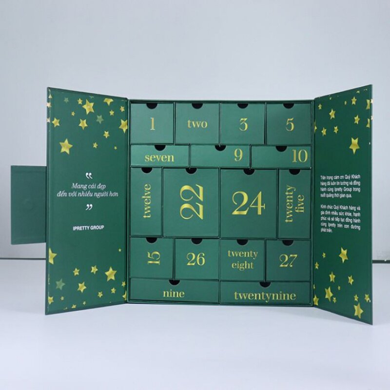 Caja de Calendario de Adviento, suministro de producto personalizado, precio de fábrica, 24 días