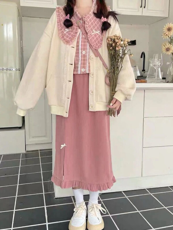 HOUZHOU Kawaii สีชมพู Corduroy กระโปรงยาวผู้หญิงแฟชั่นญี่ปุ่นน่ารักสูงเอวแยกโบว์ตรง Midi กระโปรงสำหรับสาวฤดูใบไม้ร่วง