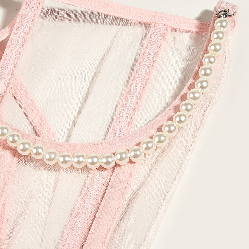 Sexy schwarzer Korsett gürtel Unterbrust Perlenkette Frauen Top Curve Shaper Strap Abnehmen hohe Taille breiter Gürtel transparente Spitze Bustier