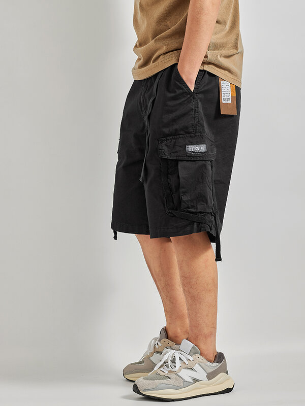 Летние американские Бриджи-карго, мужская мода, 100% хлопок, потертые, свободные, с несколькими карманами, повседневные пятиконечные брюки с поясом