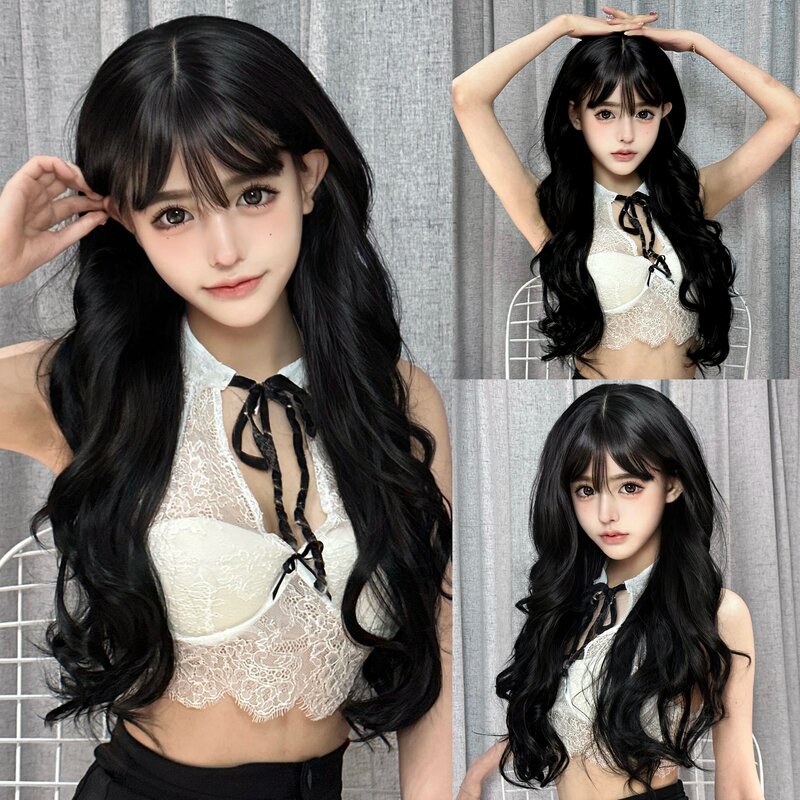 Black Long Curly Synthetic Wig for Women Natural Wave Wigs with Bangs Cosplay Daily Use Hair Wigs Heat Resistant Fake Hair