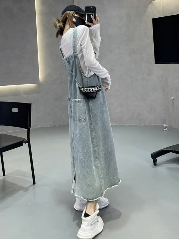Джинсовый комбинезон, Новинка лета 2024, модная свободная Облегающая майка в Корейском стиле с завышенной талией, стройнящее платье для женщин