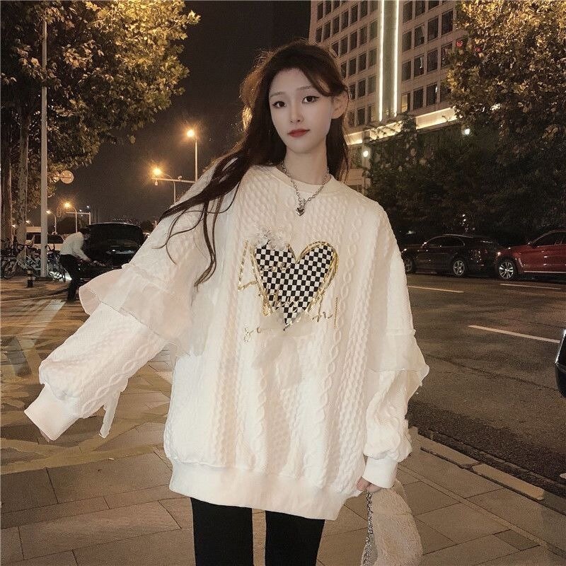 Heart Pullovers Women Thicker Plus Velvet Jacquard Autumn and Winter Vintage Korean Style All-match Streetwear O-neck Female New