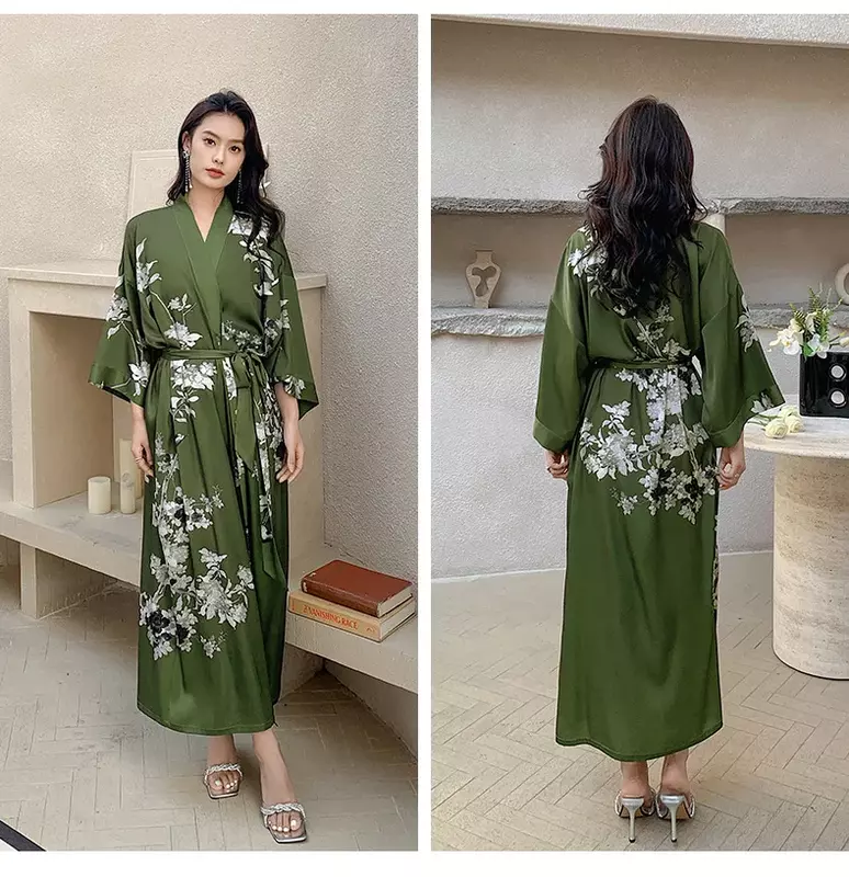 New Long Robe for Women Flower Print Nightgown Soft Satin Home Clothes Kimono Bathrobe Sexy Loungewaer Home Clothes Sleepwear
