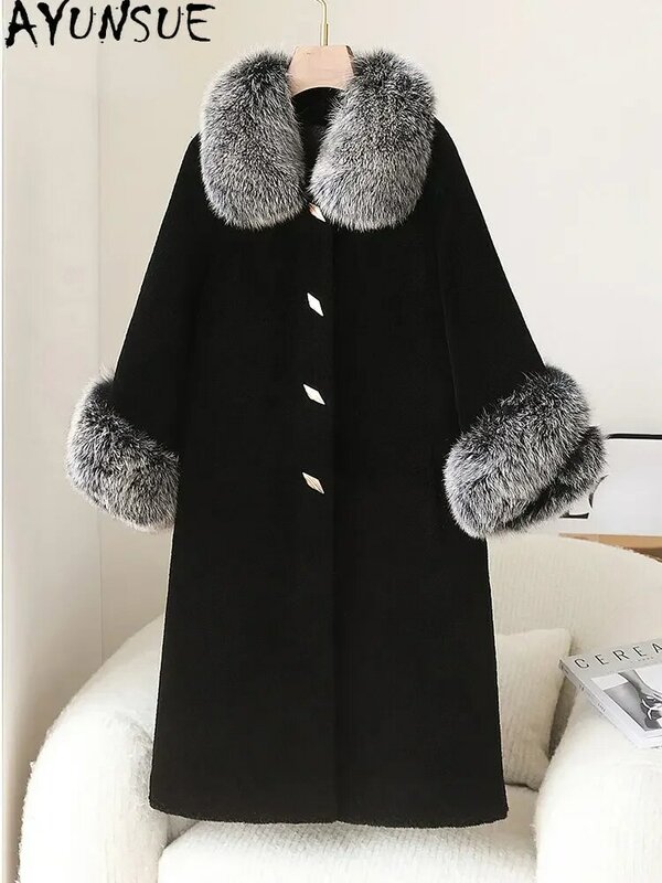 High Quality 100% Wool Jackets For Women 2024 Winter Elegant Sheep Shearing Coat Women Fur Coats Fox Fur Collar Jackets Casacos