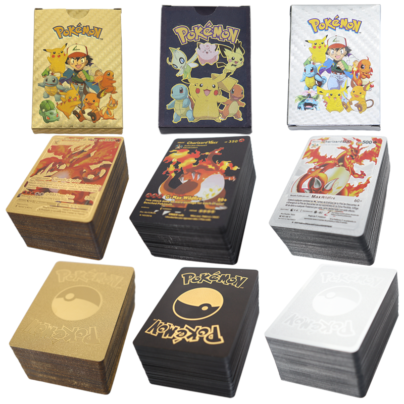 Cartas Pokémon Gold e Sliver, Vmax GX, Arco-íris, Letras Negras, Charizard, Coleção Pikachu, Treinador de Batalha, Cartas Coloridas, Presente