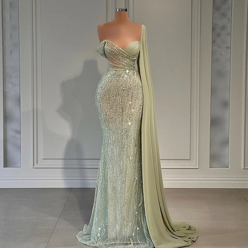 Luxury V-neck Sequins Shiny 2023 Evening Dresses Floor-Length Sexy Mermaid Prom Gowns Pleat Arab Dubai with Cape for Women فسات