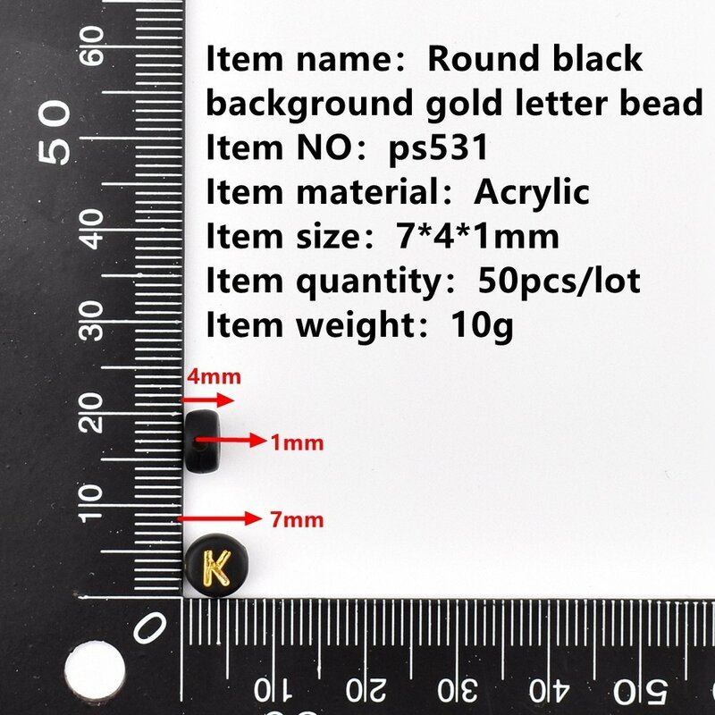 주얼리 제작용 DIY 아크릴 문자 구슬, 라운드 블랙 배경 골드 문자 구슬, 7*4*1mm, 50 개/로트