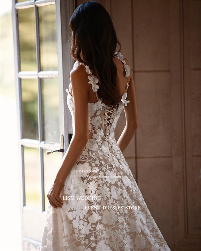 Lism exquisite volle Spitze eine Linie Brautkleider breiten Riemen ärmellose elegante Braut Kleid Blumen Korsett rücken freie Robe de Mariée