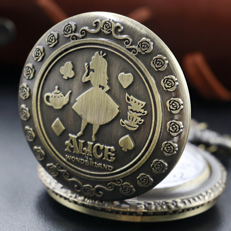 Vintage Fairy Tales Steampunk Quartz Pocket Watch Bronze Case Necklace Pendant Clock Chain Men's and Women's Christmas Gift