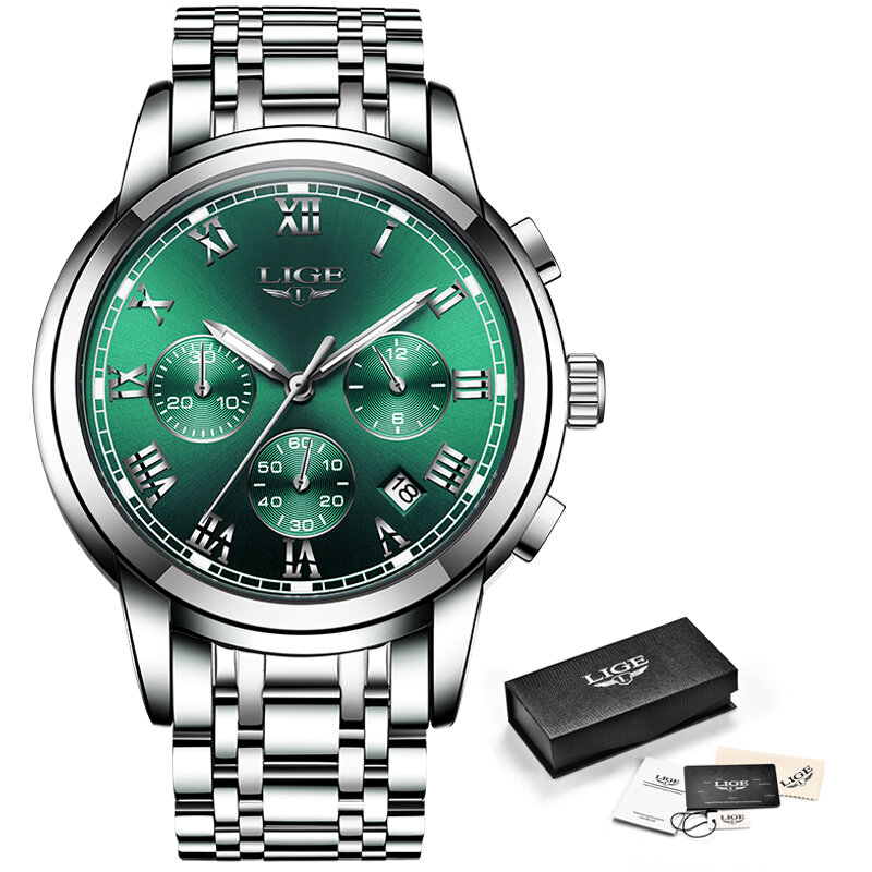 LIGE-Relógios masculinos de quartzo, marca de topo, negócios, luminoso, impermeável, relógio, aço inoxidável, relógios de pulso para homens