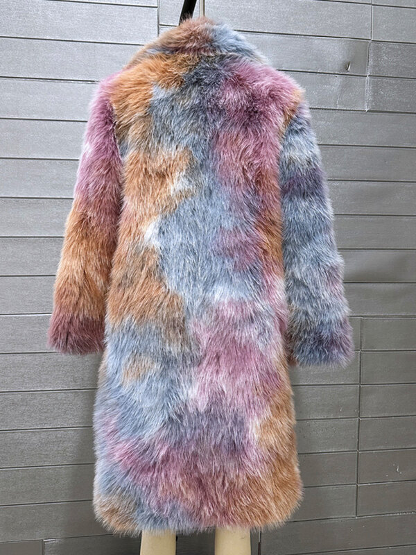 Abrigo largo de piel sintética para mujer, chaqueta mullida con solapa y estampado teñido anudado colorido, ropa de abrigo gruesa y cálida para invierno