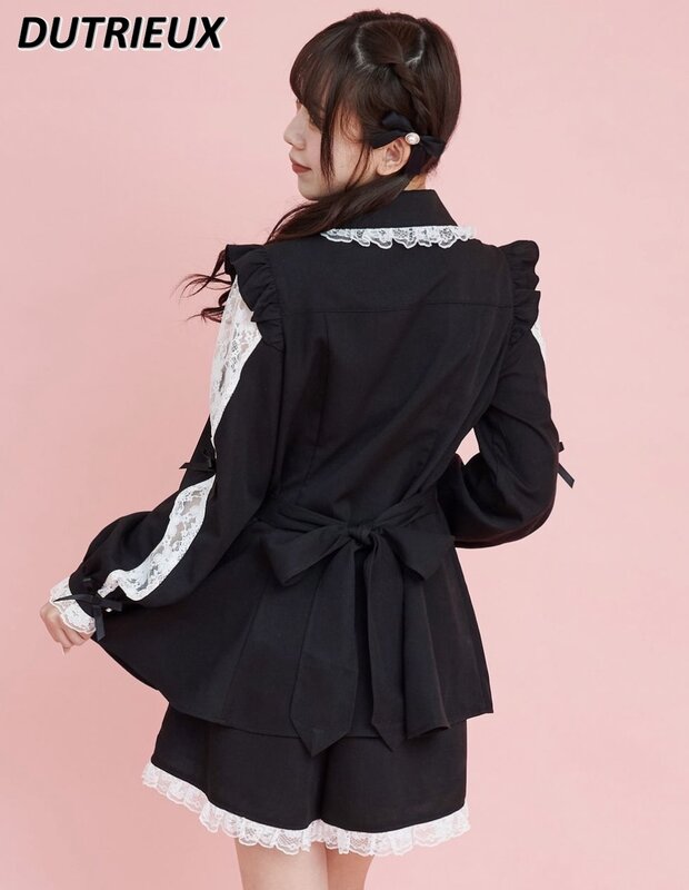 Japanische Art neue Lolita Mine Langarm Tops süße süße schlanke Spitze Schleife Hemd und Basis Shorts zweiteilige Set sc Anzug