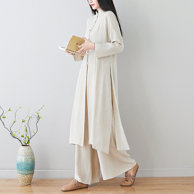 Spring Autumn Long Sleeve Cotton and Linen Tea Clothes Buddhist Chinese Style Suits for Women Kung Fu Uniform