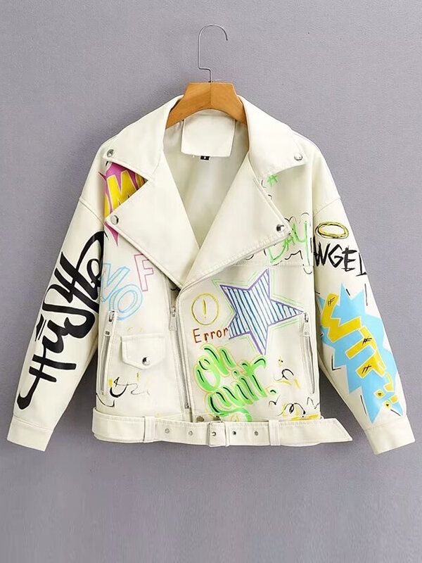 Abrigo de marca de moda para mujer, chaqueta de cuero PU con estampado colorido de Graffiti, abrigos Punk suaves, chaqueta recortada delgada de locomotora, Top de cuero 1